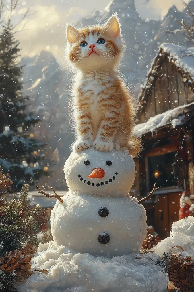 A ginger kitten sits atop a small snowman in a snowy winter scene.  Snowflakes gently fall, creating a magical ambiance.  The kitten gazes upwards with bright blue eyes, appearing curious and serene.  A rustic wooden building and evergreen trees form the backdrop, enhancing the charming, whimsical feel of the image.  The overall impression is one of warmth and festive cheer.