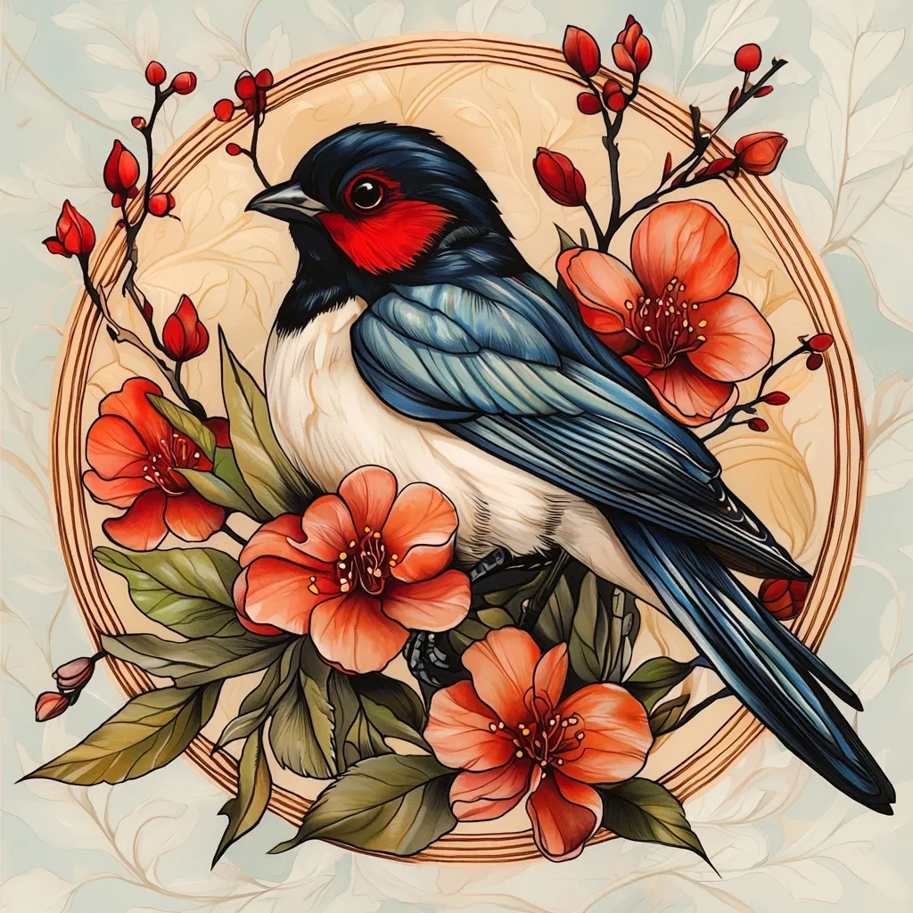 Here's a description of the image:

A vibrantly colored illustration depicts a bird, possibly a swallow, with predominantly blue and white feathers and a striking red breast.  It's perched amidst a profusion of coral-colored blossoms, their petals meticulously detailed, on lush green foliage. The bird and flowers are encircled by a golden, Art Nouveau-inspired frame against a pale blue-green background featuring a subtle, repeating leaf pattern. The overall style is highly realistic, with a focus on fine detail and rich color saturation, suggesting a painting or digital art piece.
