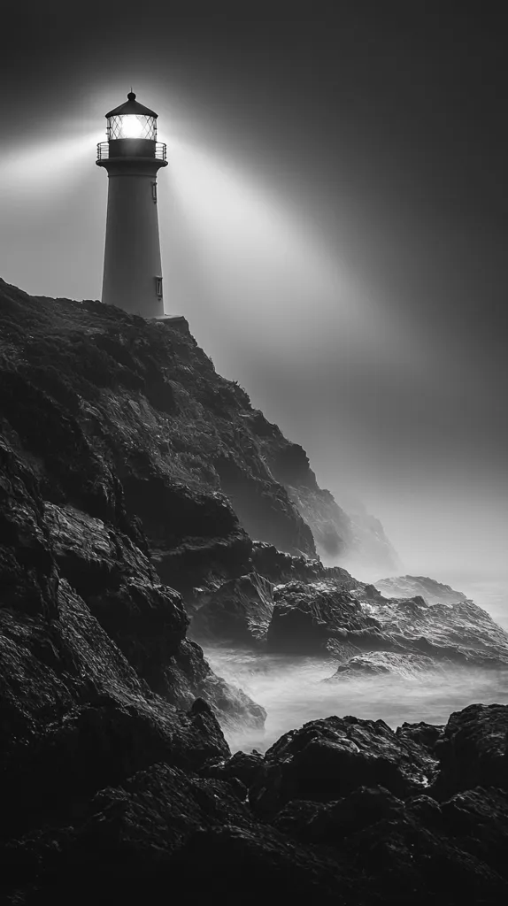 A solitary lighthouse stands majestically atop a rugged, dark coastline. Its beam cuts through a dense fog, casting a dramatic ray of light across the churning ocean waves. The monochrome palette accentuates the stark contrast between the lighthouse's bright beacon and the shadowy, misty landscape. The scene evokes a sense of isolation, mystery, and the enduring power of hope in the face of adversity. The rocky cliffs and the misty sea create a powerful and dramatic backdrop.