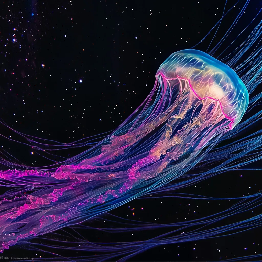 A mesmerizing jellyfish, seemingly iridescent in shades of pink, purple, and blue, floats against a backdrop of a star-filled night sky. Its long, flowing tentacles trail gracefully, creating an ethereal, almost otherworldly effect. The contrast between the bioluminescent jellyfish and the cosmic background is striking, evoking a sense of wonder and mystery.  The image's artistic composition suggests a blend of marine and celestial realms.