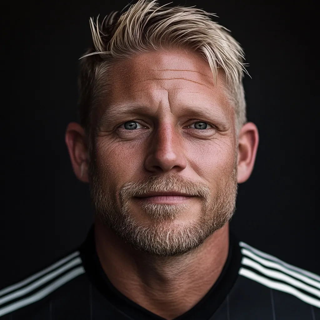 Close-up portrait of a man with light blond hair styled upwards. He has a short, neatly trimmed blond beard and light-colored eyes. His expression is calm and somewhat serious, with a hint of a smile.  His skin shows some lines and texture, suggesting age and experience. He's wearing a black collared shirt with white stripes on the shoulders, possibly athletic wear. The background is dark and unfocused, drawing attention to the man's face. The overall image is sharp and well-lit, creating a professional and sophisticated feel.