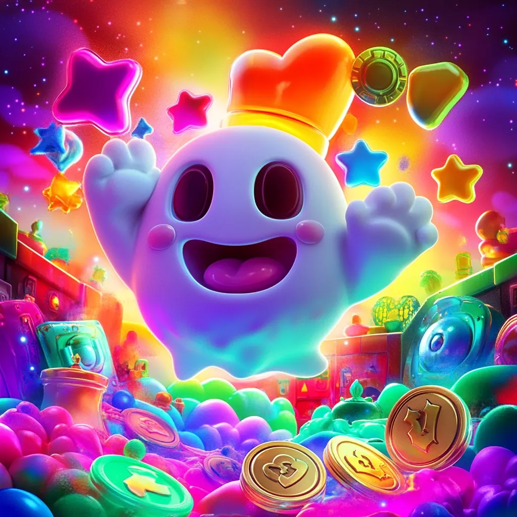 A vibrant, cartoonish ghost, adorned with a bright orange crown, joyfully floats amidst a colorful, whimsical landscape.  Surrounding the ghost are glowing stars, iridescent coins, and a playful assortment of brightly colored, bubble-like objects. The scene is rich with neon hues and a playful, almost surreal atmosphere, suggesting a video game or animation setting.  The overall impression is one of fun, excitement, and fantasy.
