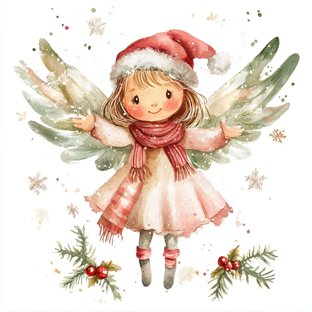 A charming watercolor illustration depicts a little angel girl with large, delicate wings.  She wears a rosy pink dress, a red and white striped scarf, and a Santa hat.  Snowflakes gently fall around her, adding a festive touch. Holly sprigs and pine needles frame the bottom, enhancing the Christmas theme. Her expression is sweet and innocent, creating a whimsical and heartwarming image. The style is soft, slightly impressionistic, and filled with holiday cheer.