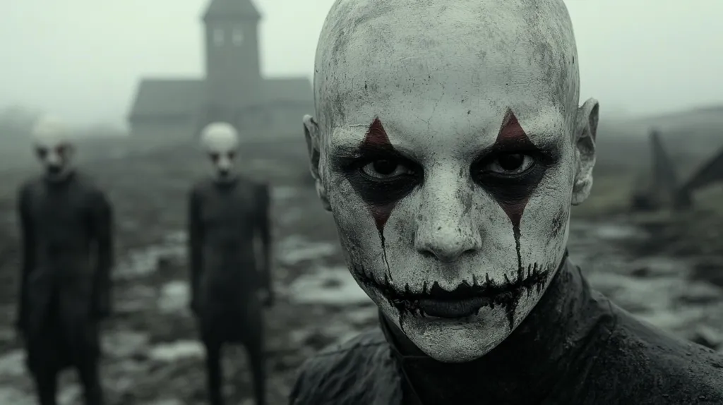 The image shows a close-up of a person with a disturbing, pale face paint resembling a sinister grin and red teardrop markings.  Their head is shaved, and they are dressed in dark, muddy clothing. Two similar figures stand blurred in the background, suggesting a group. A dilapidated building is visible in the distant, foggy landscape. The overall atmosphere is dark, ominous, and unsettling, hinting at a horror or dystopian theme.