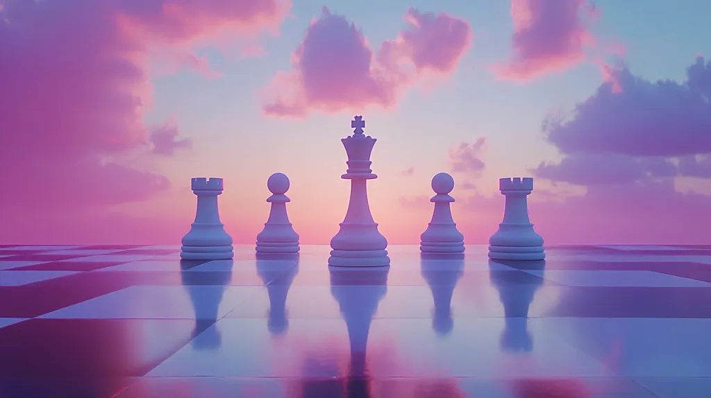 Here's a description of the image:

The image depicts a chessboard scene at sunset.  Five white chess pieces—two rooks, two pawns, and a queen—are positioned centrally on a reflective chessboard. The queen stands prominently in the middle, flanked by the other pieces.  A vibrant, pastel-colored sky with pink and purple hues forms a dramatic backdrop, enhancing the serene and somewhat surreal atmosphere. The reflections of the pieces are clearly visible on the glossy board's surface. The overall aesthetic is one of calm strength and strategic positioning.