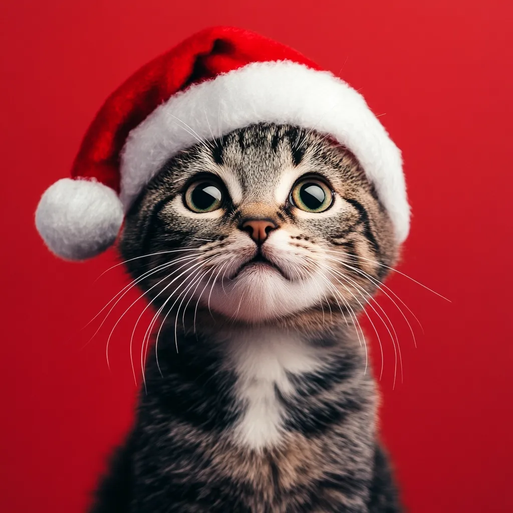 Here's a description of the image:

Close-up view of an adorable tabby kitten wearing a Santa hat. The kitten has large, expressive green eyes and a curious expression, looking slightly upward. Its fur is a mix of brown, gray, and white. The red Santa hat sits jauntily on its head, with a fluffy white pom-pom visible. The background is a solid, vibrant red, providing a striking contrast to the kitten's fur and the hat. The overall image is festive and evokes a sense of Christmas cheer.