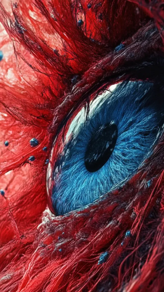 Here's a description of the image:

The image is a close-up, abstract representation of an eye.  A vibrant, deep blue iris is the focal point, its intricate detail rendered with fine, textured lines suggesting strands or fibers. This iris is set within a swirling mass of red, textured material that resembles blood vessels or nerves, creating a dramatic contrast.  Small, dark blue specks are scattered throughout the red, adding to the organic and almost biological feel of the artwork.  The overall effect is both mesmerizing and slightly unsettling, suggesting a surreal or fantastical vision of the human eye.