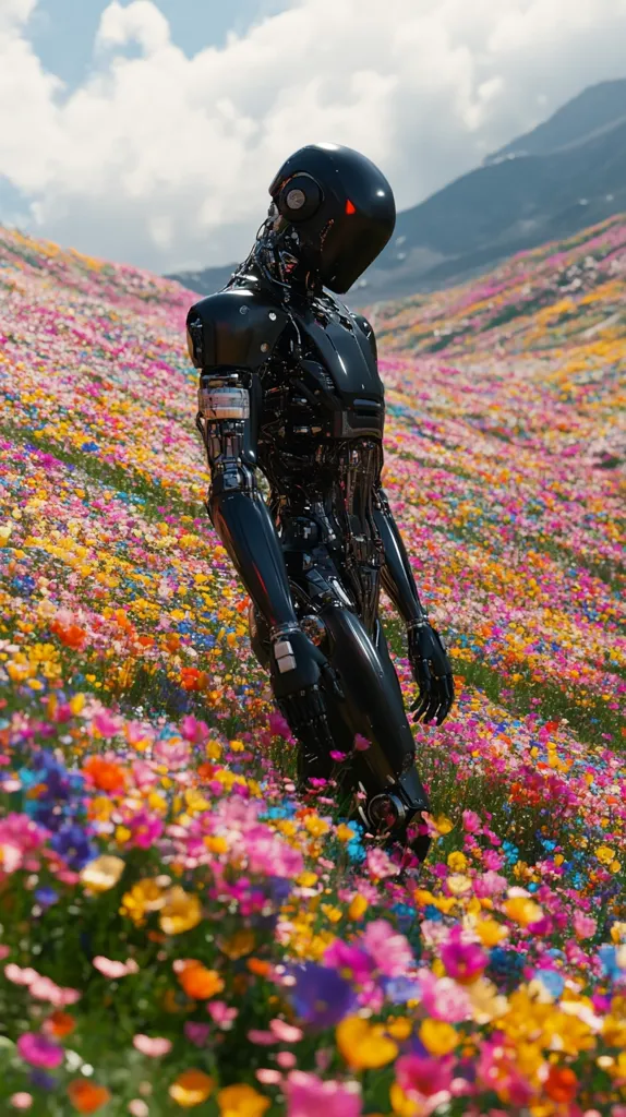 A sleek, black robot stands amidst a vibrant field of wildflowers.  Its polished, mechanical body contrasts sharply with the colorful blossoms. The robot's head is bowed slightly, giving it a contemplative air.  A mountainous landscape stretches in the background under a partly cloudy sky. The scene suggests a juxtaposition of nature and technology, possibly hinting at themes of artificial intelligence or environmental harmony.