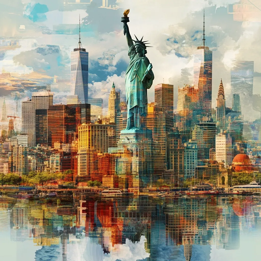 Here's a description of the image:

A vibrant, stylized depiction of the New York City skyline features the Statue of Liberty prominently in the foreground.  The cityscape is rendered in a painterly, almost impressionistic style with warm, rich colors and visible brushstrokes. The buildings are diverse in height and architecture, reflecting a mix of old and new structures. The Statue of Liberty is superimposed, blending with the skyline's layers. The entire scene is reflected in calm water, mirroring the cityscape's colorful complexity.  The sky is a mixture of clouds and clear blue, adding depth to the scene. The overall effect is one of dynamic energy and artistic interpretation of iconic New York imagery.