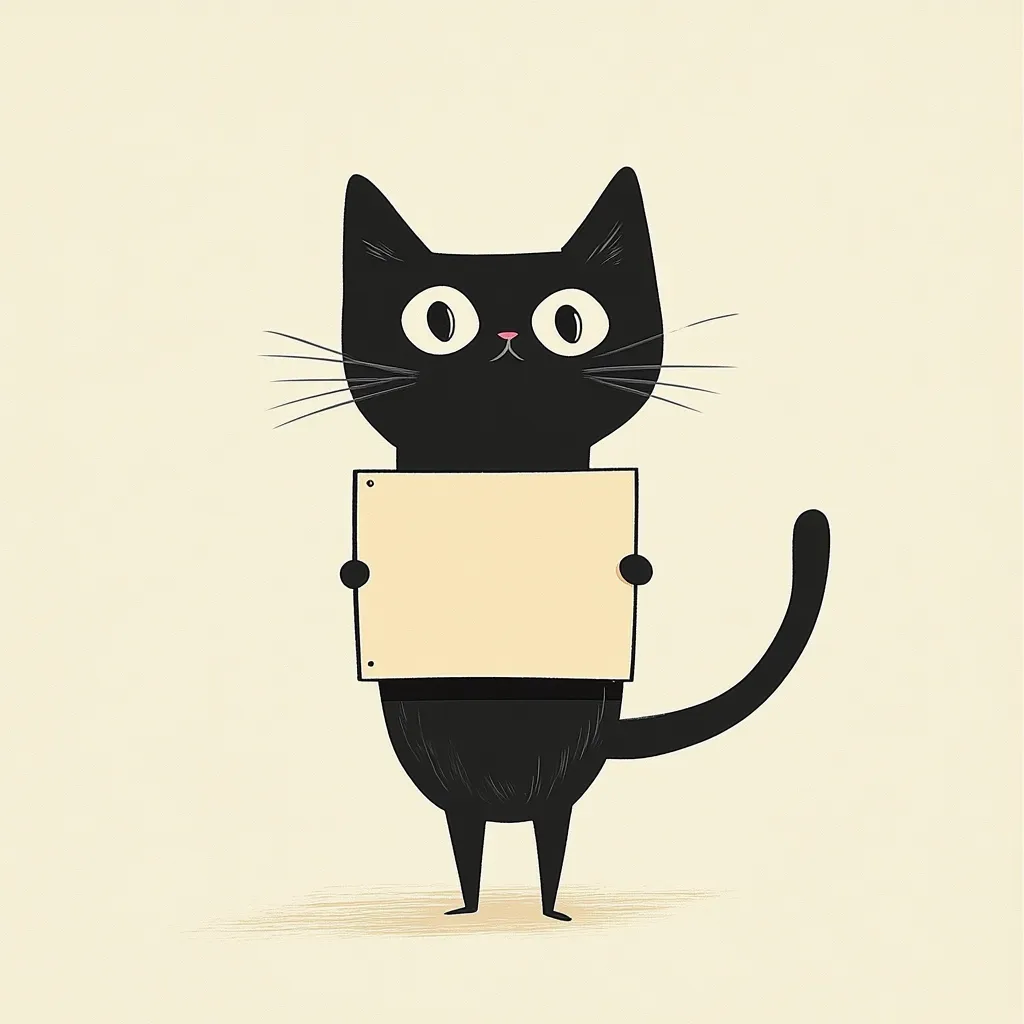 Here's a description of the image:

The illustration features a stylized black cat standing upright, holding a blank, light beige sign in front of its body. The cat is depicted in a minimalist style with large, expressive eyes, a small nose, and a long, curved tail. Its expression is curious and slightly inquisitive. The background is a muted beige or cream color, providing a simple backdrop to highlight the black cat and its message.  The overall aesthetic is cute and whimsical.