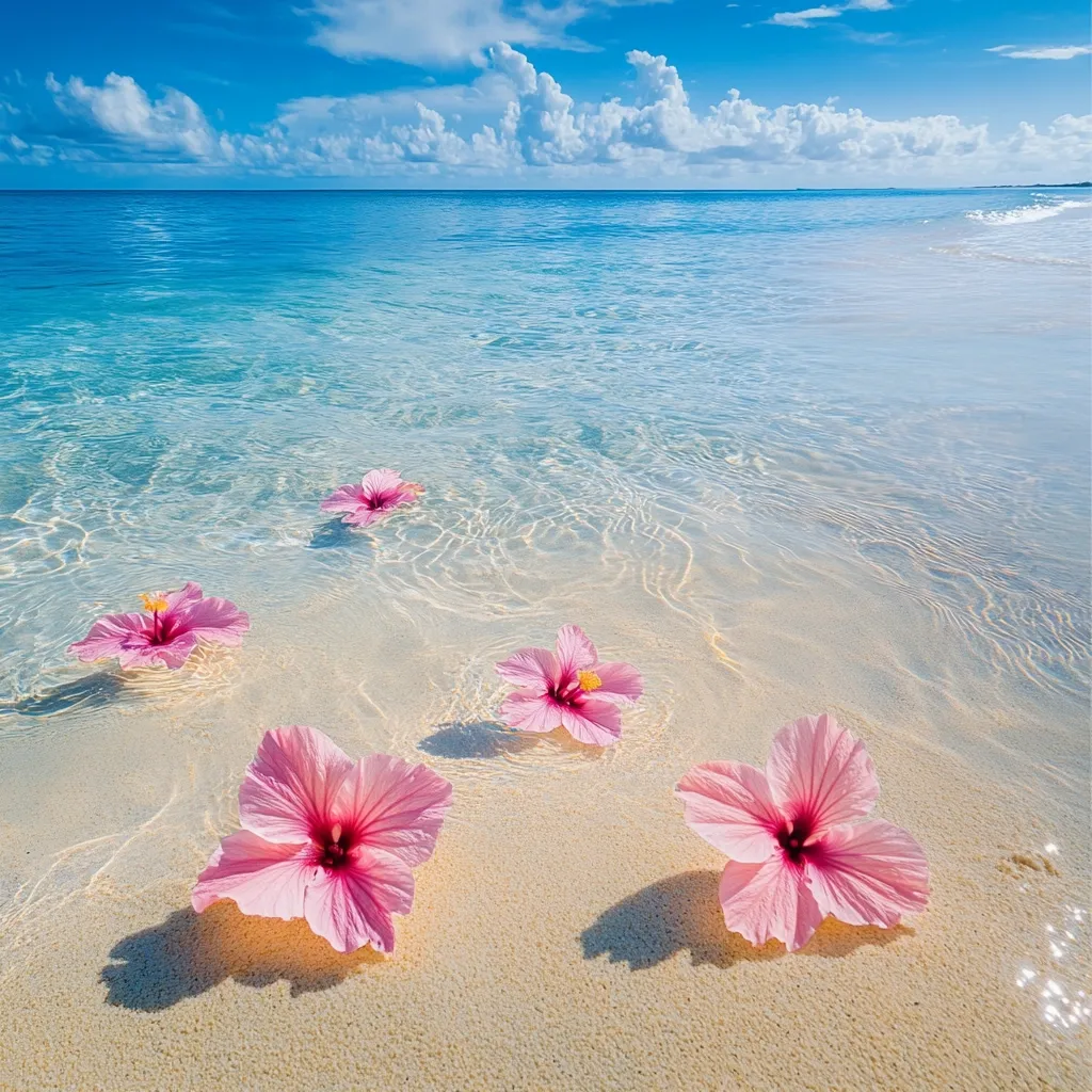 Here's a description of the image:

The photograph depicts a tranquil beach scene.  Clear, shallow turquoise water laps gently onto a pristine white sand beach. Four delicate pink hibiscus flowers are scattered across the sand and in the water's edge, their petals seemingly floating on the surface.  The sky above is a brilliant blue, dotted with fluffy white clouds. The overall impression is one of serenity and tropical paradise.