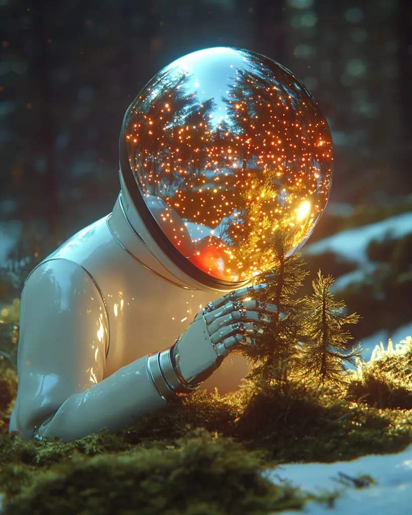 Here's a description of the image:

A futuristic astronaut, clad in a white, sleek spacesuit, gently tends to a small evergreen sapling nestled in a mossy, snow-dusted forest. The astronaut's helmet reflects a warm, ethereal glow emanating from the trees, creating a magical ambiance.  The scene is richly detailed, with a focus on the contrast between the cold, metallic astronaut and the vibrant, warm natural world.  The overall effect suggests a theme of exploration, preservation, or perhaps even the reintroduction of life to a new environment.