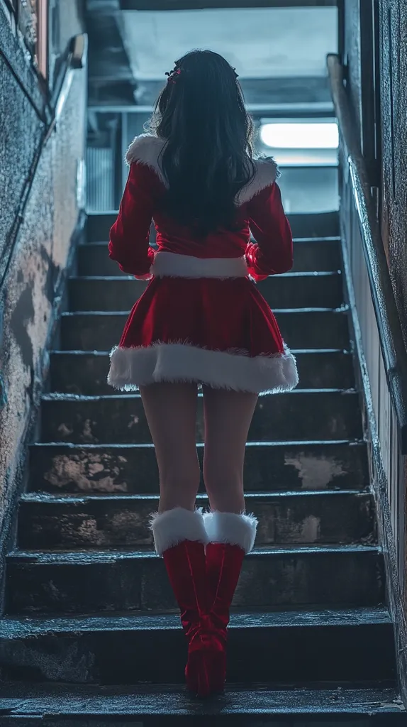 Here's a description of the image:

The image shows a woman from behind, ascending a dimly lit, worn stone staircase. She's dressed in a short, festive red and white Santa-style dress with a fluffy white trim.  Matching red, high-top boots, also with white trim, complete her outfit. Her long, dark hair falls down her back. The overall atmosphere is moody and slightly mysterious due to the low lighting and aged setting. The focus is primarily on the woman and her attire, with the background staircase acting as a context.