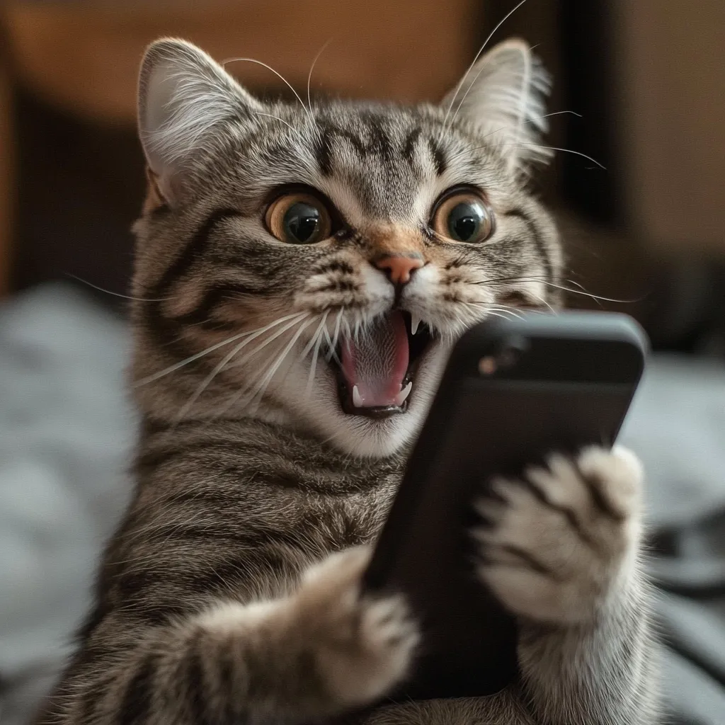 Here's a description of the image:

Close-up view of a tabby cat looking intensely at a smartphone it's holding with its paws.  The cat's mouth is open in a surprised or excited expression, its eyes wide.  The cat's fur is grey and brown tabby markings. The background is blurred, suggesting a cozy indoor setting. The overall image is humorous and depicts the cat's apparent engagement with the phone's content.