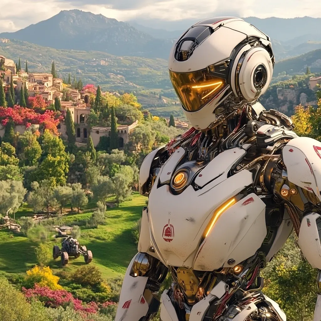 Here's a description of the image:

A futuristic, white and gold humanoid robot stands prominently in the foreground. Its sleek design features intricate detailing, glowing amber accents, and a helmet with a circular visor.  The robot overlooks a picturesque, idyllic landscape. The background showcases a charming village nestled amidst rolling hills, lush greenery, and autumnal trees exhibiting vibrant red and orange foliage. A small, off-road vehicle is visible in the mid-ground, adding a sense of scale to the scene. The overall image contrasts a technologically advanced element with a serene, natural setting.