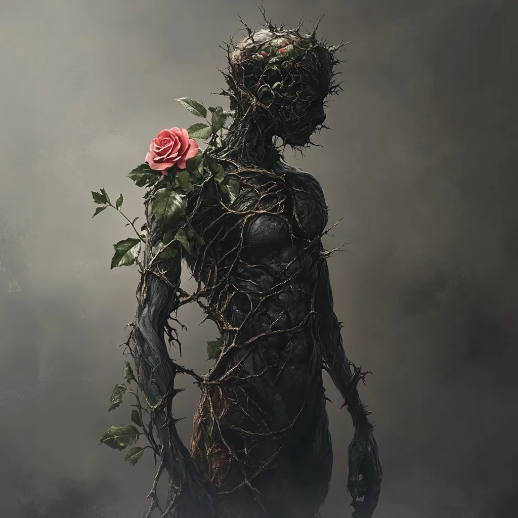 Here's a description of the image:

The artwork depicts a humanoid figure seemingly composed of dark, gnarled vines and thorny branches, suggesting a being intertwined with nature or possibly decaying.  A single, vibrant red rose blossoms from the vine-like material on its shoulder, a stark contrast to the dark, almost skeletal form. The figure's head is partially obscured, giving an eerie, mysterious quality. The background is a muted grey, emphasizing the figure and the rose. The overall mood is somber, evocative of themes of decay, rebirth, or the delicate balance between life and death.