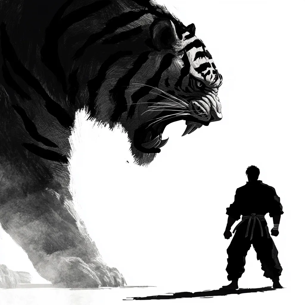 Here's a description of the image:

The artwork depicts a dramatic confrontation between a colossal tiger and a lone, silhouetted martial artist. The tiger, rendered in shades of gray with striking black stripes, dominates the left side, its massive head lowered in a ferocious snarl, revealing sharp teeth. The artist is positioned in stark contrast on the right, a small figure in dark clothing, standing defiantly yet seemingly dwarfed by the immense predator. The style is a blend of realism and graphic art, with heavy use of shading and contrast to emphasize the power of the tiger and the resoluteness of the human. The background is white, drawing focus to the central conflict.