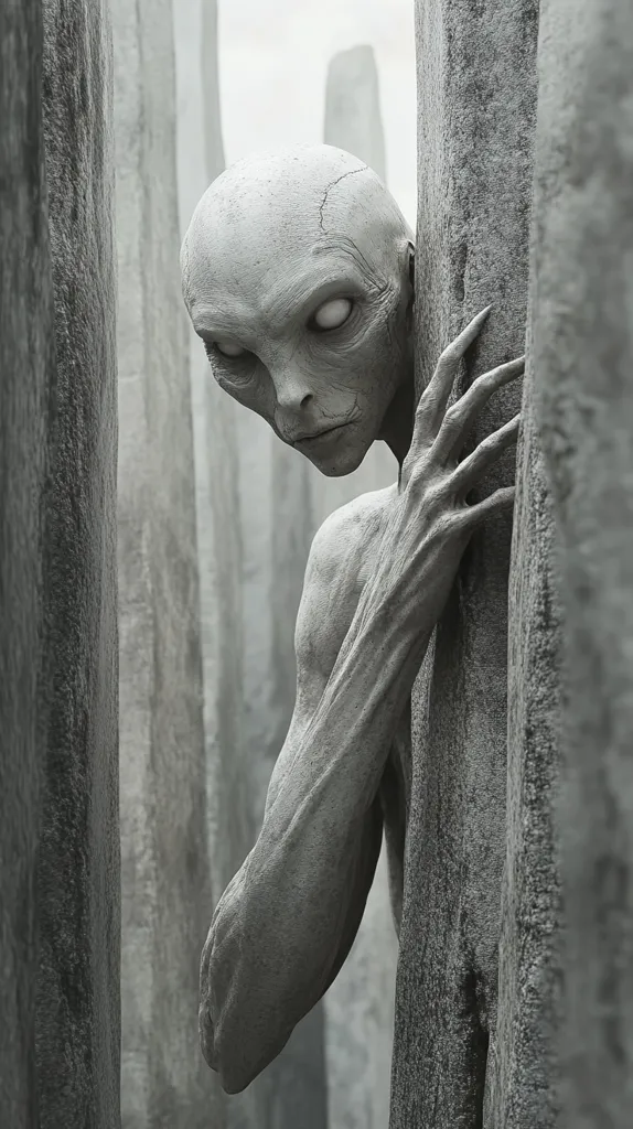 A grayscale digital rendering depicts a gaunt, alien-like creature peering from behind two large, textured pillars. Its skin is pale and seemingly aged, with deep-set eyes and long, clawed fingers gripping the stone. The creature’s head is slightly elongated, and its overall form is slender and unsettling. The background suggests a desolate, possibly ancient landscape of similar stone formations. The overall mood is eerie and mysterious.
