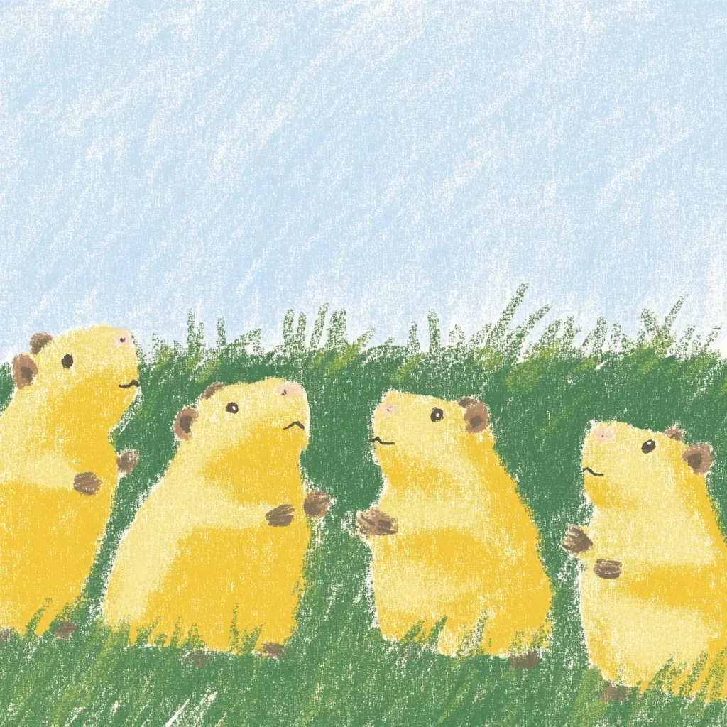 Here's a description of the image:

The illustration depicts four yellow guinea pigs standing in a row amidst green grass against a pale blue sky.  The guinea pigs are stylized, with a soft, textured appearance suggestive of pastel crayon or chalk. They are facing slightly forward, their expressions appearing curious. The grass is rendered in a similar textured style, creating a whimsical, childlike aesthetic. The overall scene is peaceful and evokes a sense of calm. The sky takes up a significant portion of the image, providing a simple backdrop.