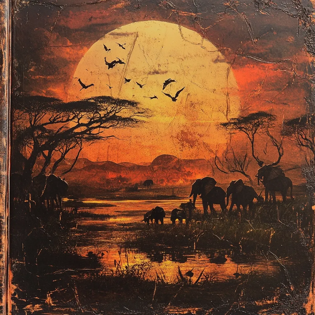 Here's a description of the image:

The artwork depicts a dramatic African sunset. A large, fiery orange sun dominates the sky, with silhouettes of bats in flight against it.  Below, a tranquil river or watering hole reflects the warm light.  Silhouetted African acacia trees frame the scene, and a family of elephants, both adults and calves, stand at the water's edge. The overall style is dark and moody, creating a sense of mystery and tranquility in the vast African savanna at twilight. The texture of the artwork seems slightly rough, almost like a textured canvas.
