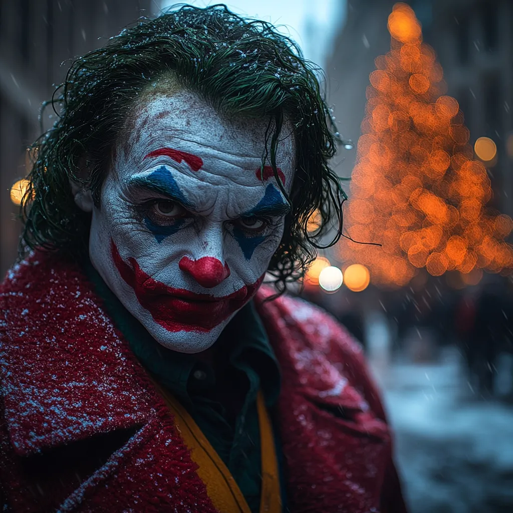 A close-up shot depicts the Joker, his face painted in a disturbingly cheerful clown mask, his dark, messy hair dusted with snowflakes.  He's wearing a red coat speckled with snow, his expression a chilling blend of menace and madness.  A blurred background shows a brightly lit Christmas tree in the falling snow, creating a stark contrast between festive cheer and the character's unsettling presence.  The overall mood is dark and unsettling.