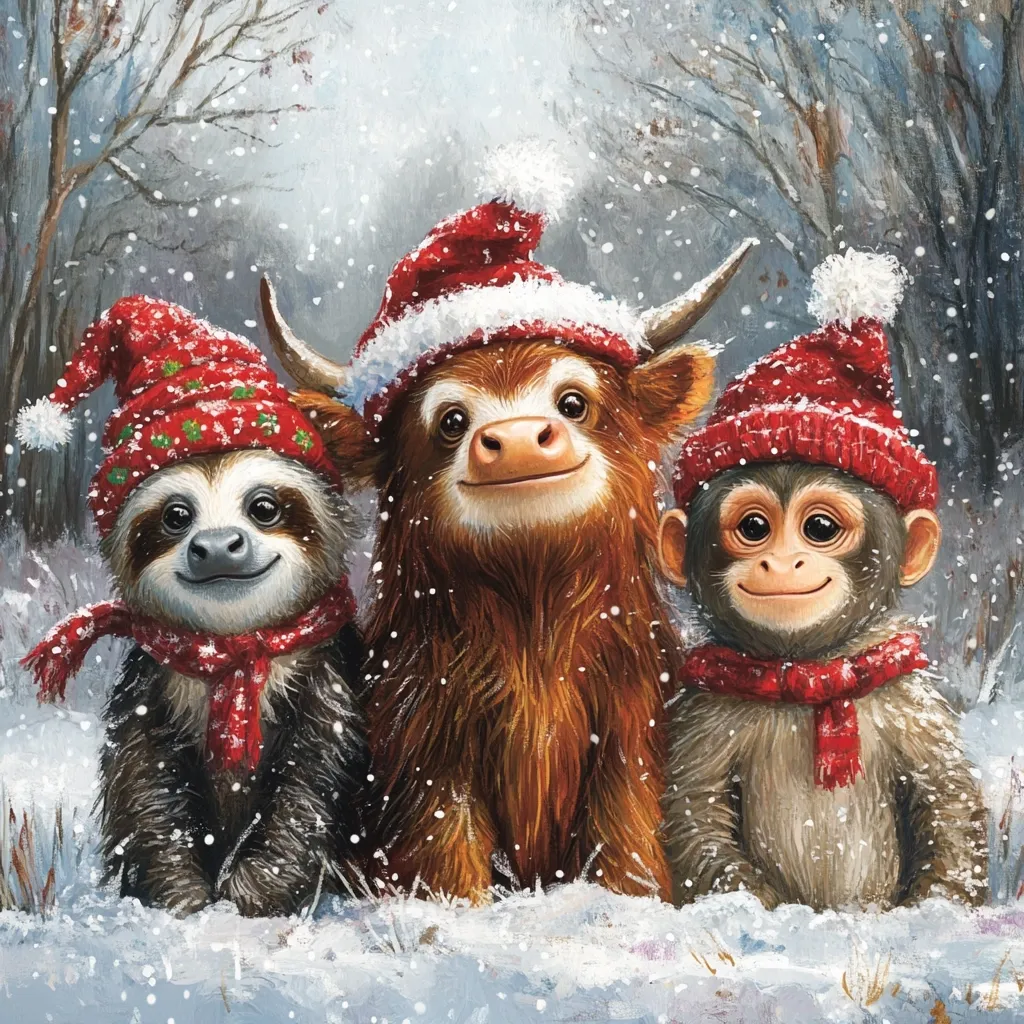 A charming winter scene depicts a highland cow, a sloth, and a monkey, each wearing a festive red knit hat and scarf.  Snow gently falls around them as they sit together in the snowy woods.  The animals appear cheerful and friendly, creating a heartwarming Christmas image. The painting style is detailed and whimsical, capturing the cozy spirit of the holiday season.