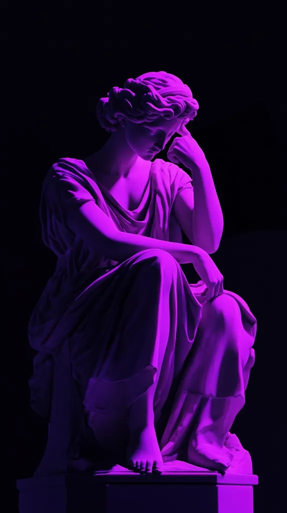 Bathed in vibrant purple light against a stark black background, a classical statue of a woman is depicted.  She is seated, her head bowed slightly, one hand resting thoughtfully on her face.  Her drapery is meticulously detailed, flowing gracefully around her form. The statue's pose and expression evoke a sense of contemplation or melancholy, enhanced by the dramatic lighting.  The overall aesthetic is dark, moody, and artistically stylized.