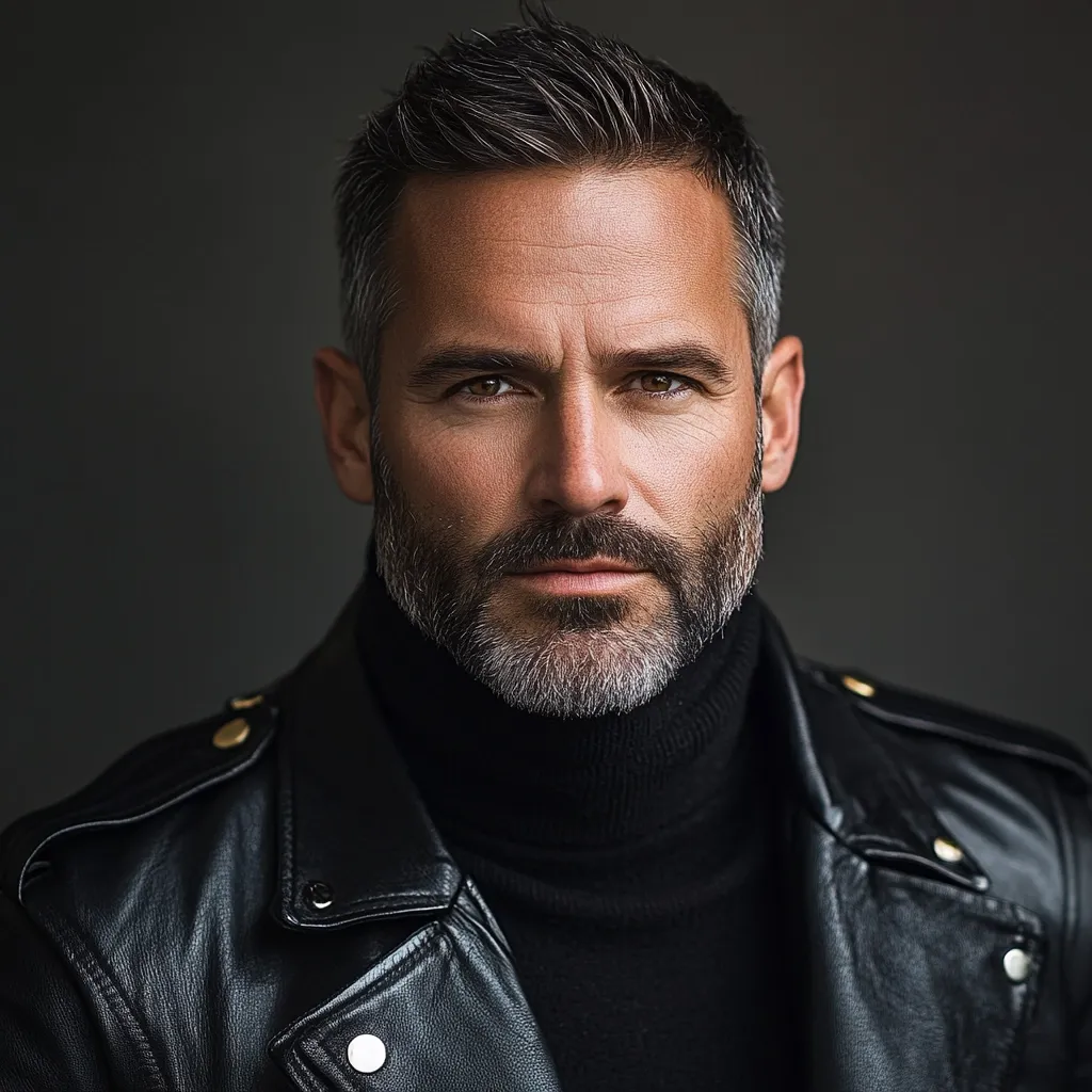 Close-up portrait of a man with salt-and-pepper hair styled upward, a well-groomed grey beard, and intense brown eyes. He's wearing a black turtleneck sweater layered under a black leather jacket, giving a sophisticated yet rugged look.  The background is a muted grey, emphasizing the subject's features. The overall impression is one of masculinity and confidence.