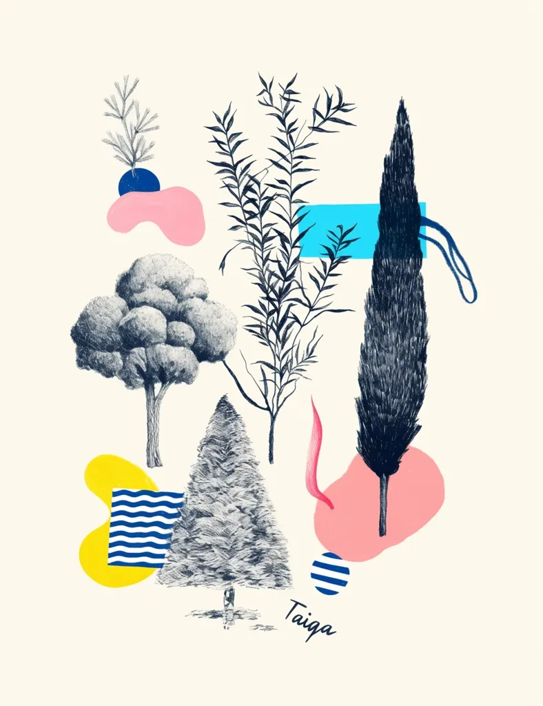 This stylized illustration, titled "Taiga," features a collection of hand-drawn trees and shrubs rendered in grayscale.  The trees vary in style, from full, rounded forms to tall, slender evergreens.  Brightly colored abstract shapes, in pink, yellow, and blue, are interspersed amongst the foliage, creating a playful juxtaposition of organic and geometric elements. The overall style blends botanical illustration with elements of modern graphic design.