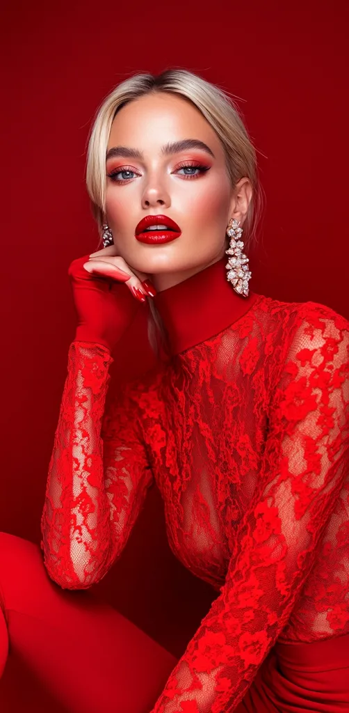 A blonde woman with bold red lipstick and eye makeup poses against a crimson backdrop. She wears a red lace, long-sleeved jumpsuit, and large, sparkly earrings. Her hand rests gently on her face, creating a dramatic and alluring image. The overall aesthetic is sophisticated and glamorous, emphasizing the rich color palette and the model’s striking features. The image is sharply focused, highlighting texture and detail in both makeup and clothing.