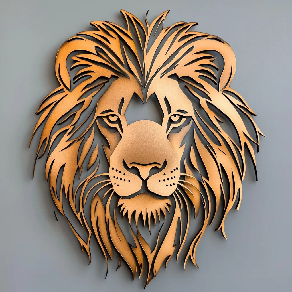 Here is a description of the image:

The image shows a bronze-colored, intricately cut wooden wall hanging of a lion's head.  The lion's mane is depicted with detailed, flowing strands, creating a sense of movement. The eyes are realistically rendered, and the overall style is both stylized and lifelike.  The piece exhibits a sophisticated aesthetic, suitable for modern or eclectic interior design. The background is a muted gray, providing a neutral contrast to the warm tones of the lion's head. The craftsmanship is apparent in the clean cuts and smooth finish of the wood.
