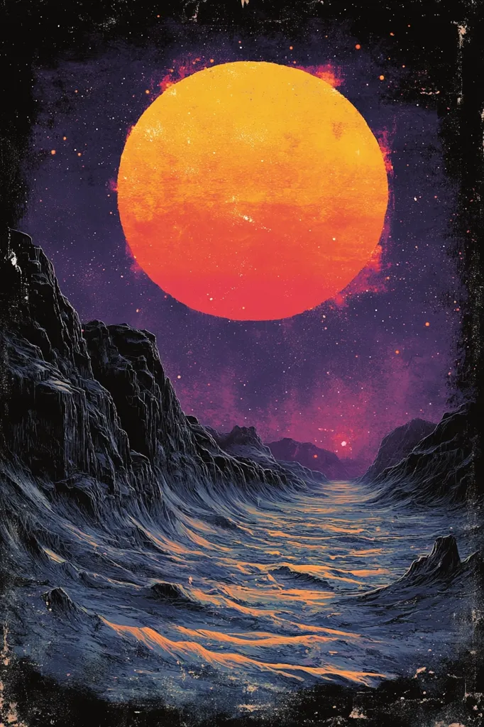 An otherworldly landscape unfolds under a colossal, fiery orange sun. Dark, undulating terrain, resembling solidified waves, stretches to a distant horizon. Jagged, black mountains rise from the textured surface, creating a dramatic contrast against the vibrant celestial body. The night sky is a deep purple, speckled with tiny stars, adding to the surreal and atmospheric quality of the image.  A textured, vintage-like effect frames the scene, enhancing its artistic feel.
