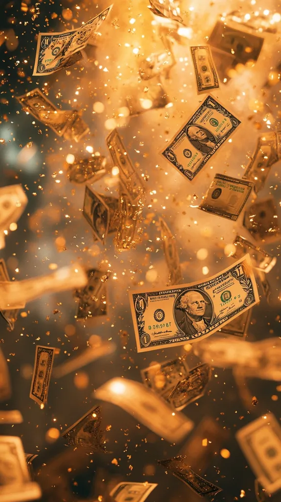 The image depicts a flurry of one-dollar bills amidst a shower of golden confetti.  The bills are scattered and tumbling, creating a dynamic sense of movement and abundance. The warm, golden lighting and bokeh effect enhance the luxurious feel, suggesting wealth and prosperity. The overall impression is one of celebratory extravagance and financial success.