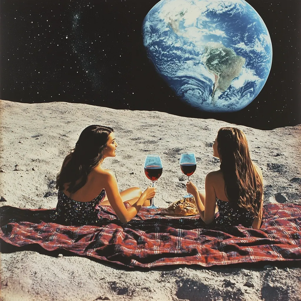 Here is a description of the image in under 100 words:

A surreal, digitally-manipulated image depicts two women enjoying a picnic on the moon's surface.  They sit on a plaid blanket, sharing two glasses of red wine and a pastry. Earth hangs large and vibrant in the inky black sky above, studded with stars. The women's dark hair cascades down their backs as they gaze upward.  The scene is peaceful yet fantastical, blending mundane elements with an otherworldly backdrop. The overall mood is one of serene, extraterrestrial relaxation.