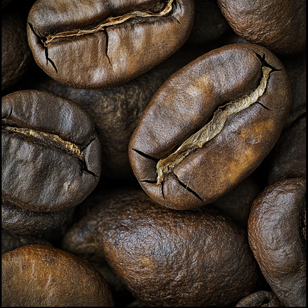Here's a description of the image:

A close-up shot reveals a cluster of dark brown coffee beans, their surfaces textured and slightly oily.  The beans are irregularly shaped, with visible fissures and the characteristic central seam running along their length.  The lighting emphasizes the depth and richness of the bean's color, highlighting subtle variations in tone and texture.  The overall impression is one of warmth, richness, and the tactile quality of freshly roasted coffee.
