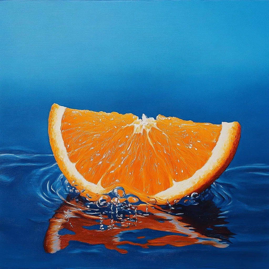 A vibrant painting depicts a juicy orange slice gracefully floating on a deep blue surface.  The orange's bright, saturated color contrasts sharply with the cool blue, creating a striking visual effect. Small bubbles surround the slice, suggesting it has just been placed on the water. The reflection of the orange is visible in the ripples, enhancing the overall sense of freshness and vibrancy. The painting is rendered with visible brushstrokes, adding texture and depth.