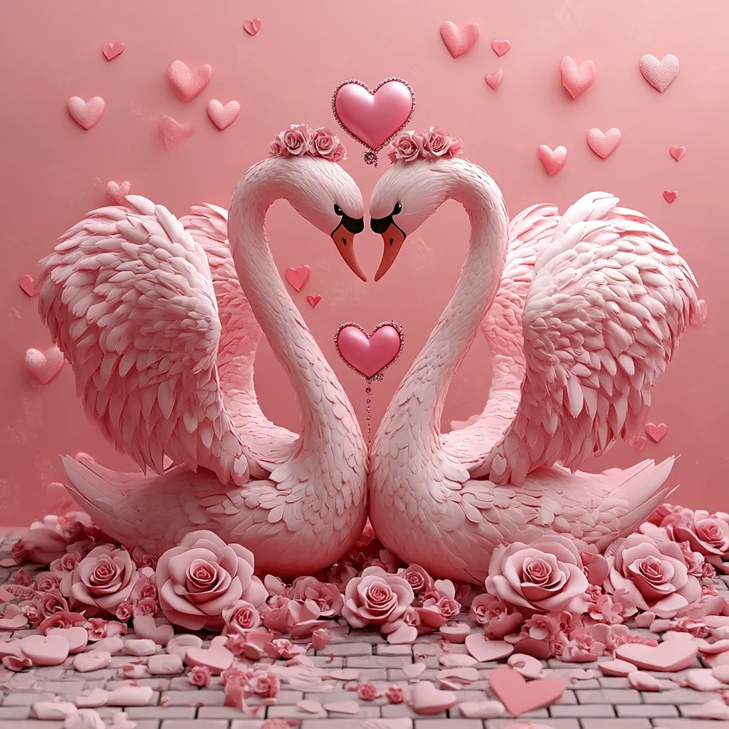 Two stylized pink swans, adorned with pink roses, form a heart shape with their necks.  They are nestled amongst pink roses and hearts on a pink brick floor, against a pink wall sprinkled with smaller hearts.  The scene is romantic and whimsical, evoking a feeling of Valentine's Day or love.  The swans and roses appear to be made of a smooth, possibly sculpted material.