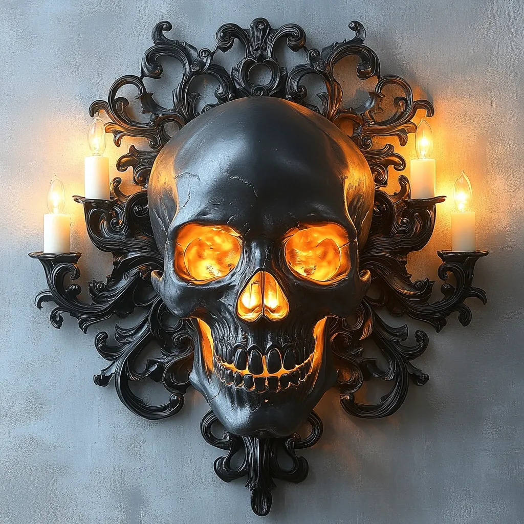 Here's a description of the image:

The image shows a striking wall sconce in the shape of a human skull. The skull is rendered in matte black, with its eye sockets, nasal cavity, and mouth illuminated from within by a warm, orange light.  The skull is framed by an ornate, black metal design reminiscent of baroque or gothic architecture, featuring swirling flourishes and curlicues. Four small, candle-shaped lights are affixed to this metal frame, complementing the skull's internal lighting. The background is a muted grey, providing contrast to the dark, dramatic elements of the sconce. The overall effect is both macabre and elegant, suitable for a gothic or darkly themed interior.