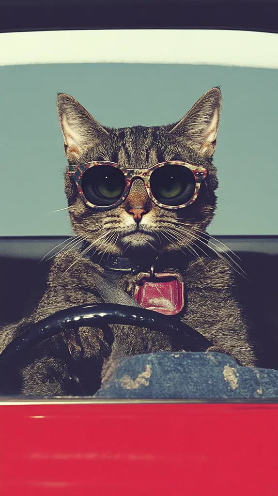 A tabby cat, wearing stylish sunglasses and a collar, sits behind the wheel of a red car.  The cat's expression is serious, almost stern, as its paws grip the steering wheel. The image is stylized with a vintage filter, enhancing the cool and slightly humorous tone. The cat appears to be driving, creating a whimsical and amusing scene. The background is a muted teal, contrasting with the vibrant red of the car.