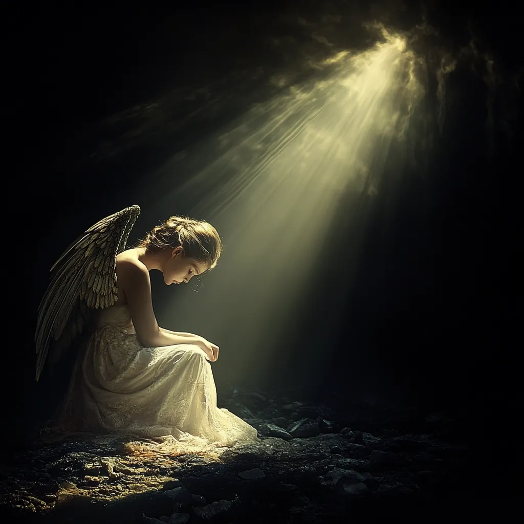 A young, winged angel, dressed in a flowing white gown, sits pensively on dark, rocky ground.  Her head is bowed, suggesting sadness or contemplation. A shaft of divine light pierces the surrounding darkness, illuminating her and creating a dramatic, ethereal atmosphere.  The image evokes feelings of sorrow, vulnerability, and perhaps spiritual longing. The contrast between light and shadow is striking, emphasizing the angel's isolation.