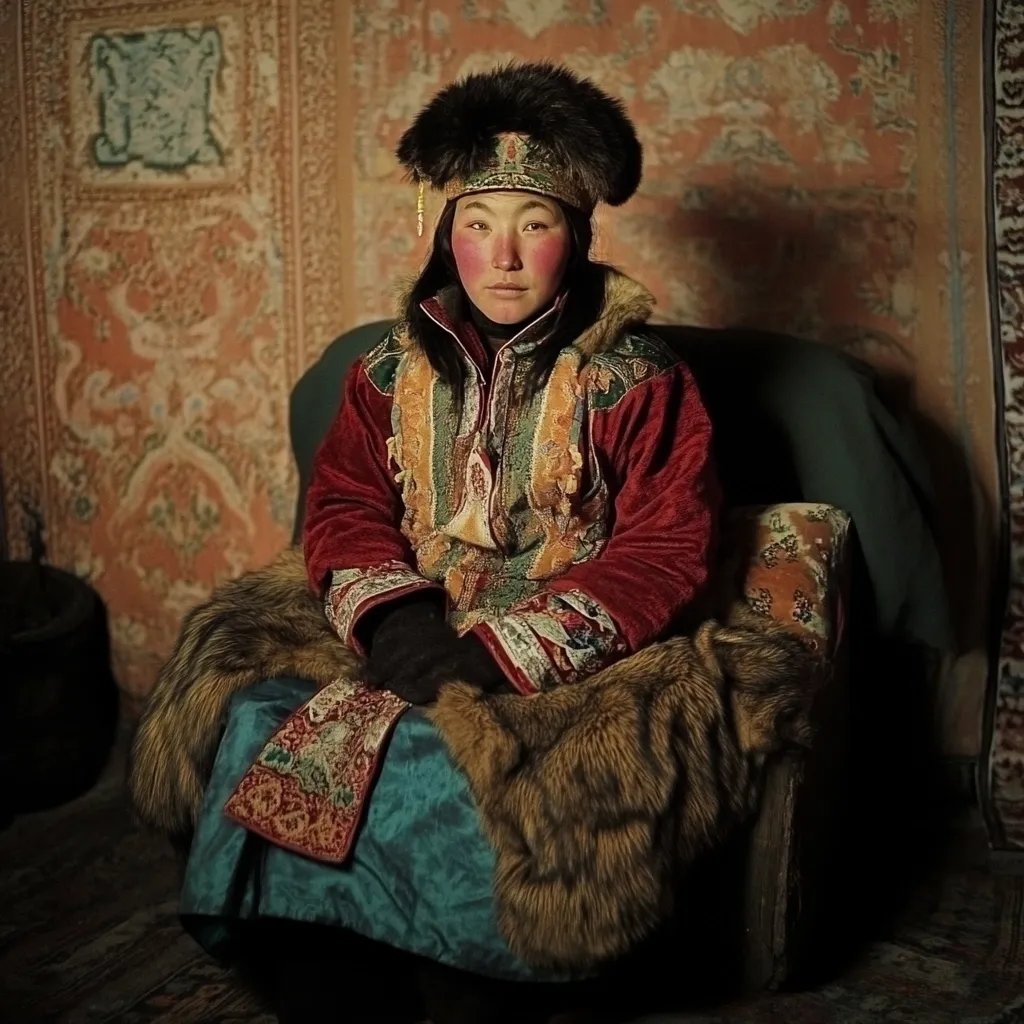 A young woman, her cheeks rosy, sits serenely in a worn armchair.  She is adorned in a richly embroidered, crimson and teal traditional garment, layered over a teal skirt, and accessorized with a dark fur hat and matching fur draped over her lap. The ornate details of her clothing contrast with the simple backdrop of a patterned wall and dimly lit room, creating a striking portrait.  Her calm expression and posture convey a sense of quiet dignity.