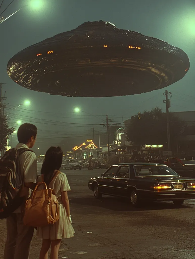 A large, dark grey UFO hovers silently over a quiet suburban street at night.  Streetlights illuminate a young couple, holding hands, standing on the sidewalk, seemingly captivated by the extraterrestrial presence.  A classic car is parked nearby, adding a vintage feel to the scene.  The overall atmosphere is mysterious and somewhat eerie, yet the young couple's calm demeanor suggests a sense of wonder rather than fear.  The muted color palette enhances the nocturnal setting.