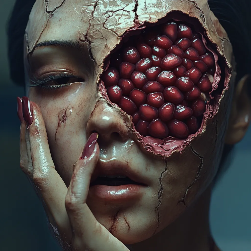 Here's a description of the image:

The image is a close-up of a woman's face, stylized to appear as a gruesome, surreal work of art.  Her skin is cracked and damaged, revealing a cavity around her eye filled with pomegranate seeds.  Her expression is one of pained vulnerability, her fingers delicately touching her face.  The contrast between the delicate hand and the visceral damage creates a jarring and unsettling effect. The overall tone is dark and moody, with a focus on texture and detail in the disturbingly realistic depiction of the face.