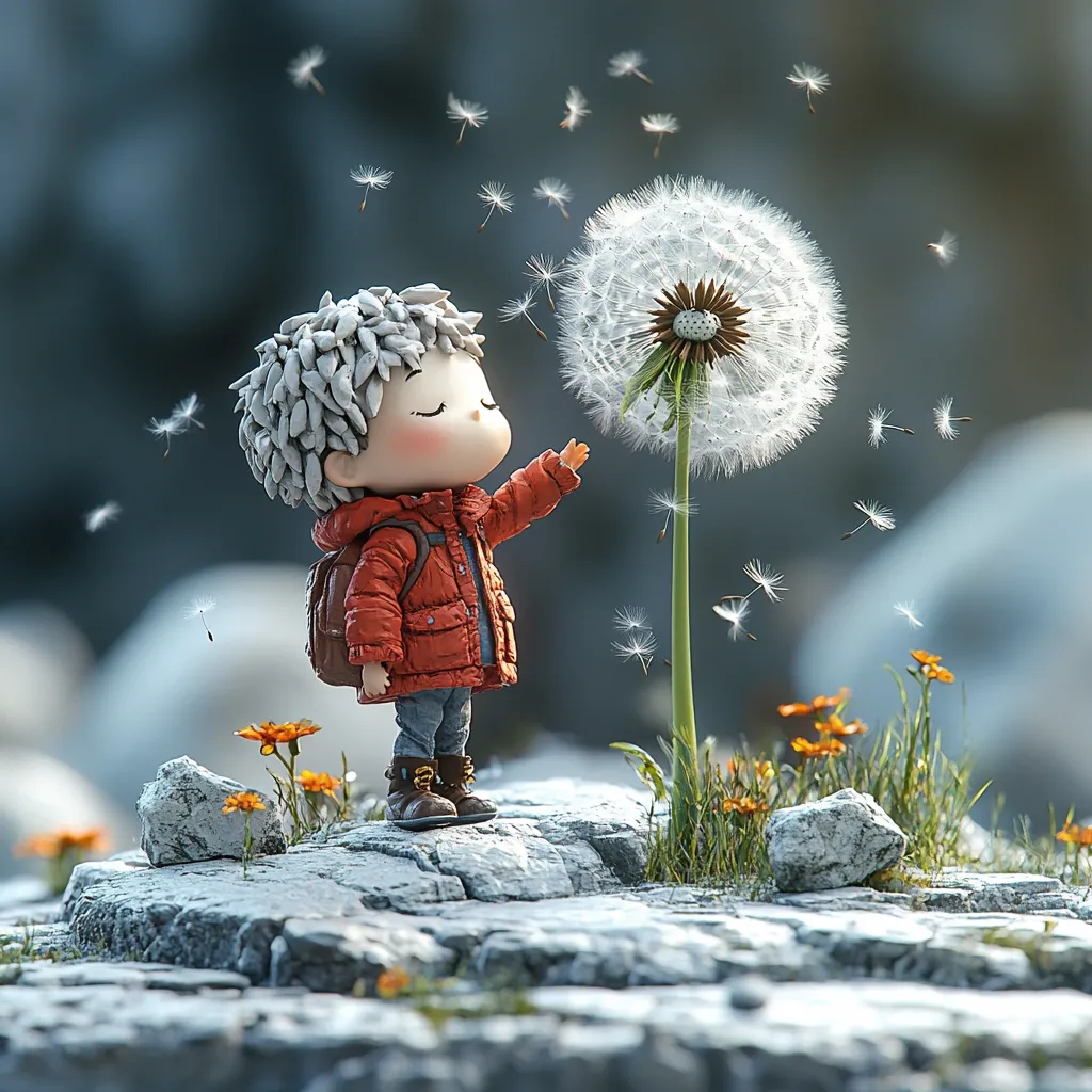 A charming digital illustration depicts a small, stylized boy with spiky gray hair and a red puffer jacket. He stands on a rocky outcrop, gazing at a large dandelion with seeds dispersing in the gentle breeze.  The boy carries a small backpack, adding to his adventurous demeanor.  Small orange flowers dot the surrounding landscape, creating a whimsical, serene scene. The overall style is cute and slightly melancholic, hinting at a sense of wonder and fleeting moments.
