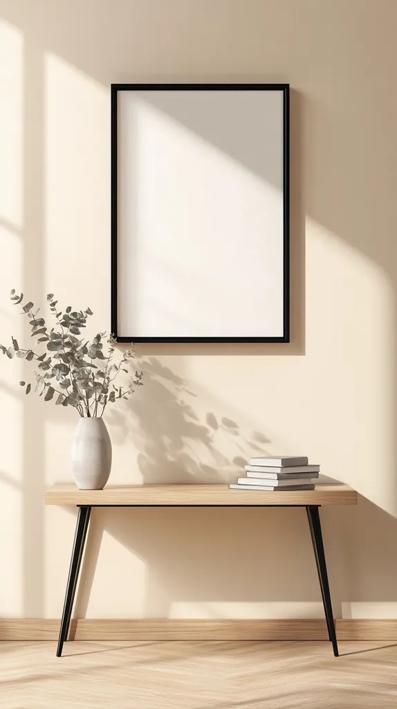 A minimalist interior scene features a light beige wall bathed in sunlight.  A black framed blank poster hangs above a simple, light wood console table with black metal legs.  A vase of eucalyptus sits on the table, along with a stack of books. The overall aesthetic is clean, serene, and modern.  Sunlight casts shadows, adding depth to the image.