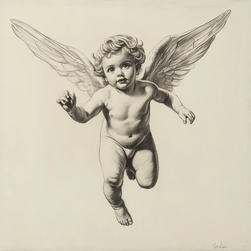A detailed pencil sketch depicts a cherubic angel in flight.  The angel, a chubby, naked infant with curly hair, possesses large, expressive eyes.  Its wings, realistically rendered with individual feathers, are outstretched, suggesting movement and grace. The shading is expertly done, creating a sense of depth and volume to the figure. The overall style is classical, reminiscent of Renaissance art. The background is a plain off-white, drawing focus to the central figure.  The artist's signature or date is faintly visible in the bottom right corner.
