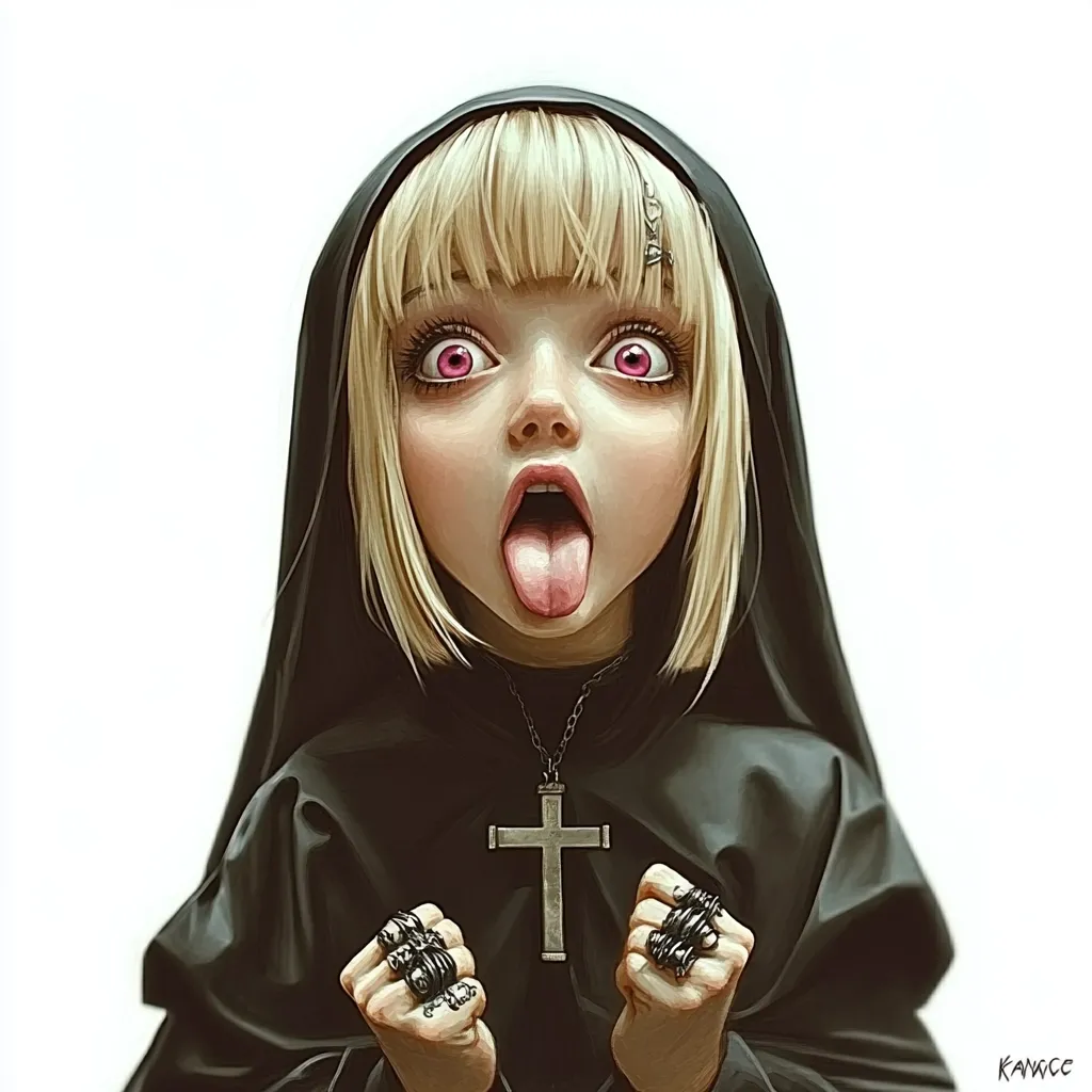 Here's a description of the image:

The illustration depicts a stylized young woman, seemingly a nun, with striking features. She has bright pink eyes, blonde bobbed hair, and is wearing a dark, hooded robe.  Her expression is playful and provocative, her tongue sticking out.  She wears a silver cross necklace and multiple dark metal rings on her fingers. The style is a blend of anime and gothic aesthetics, creating a visually arresting and slightly unsettling image. The background is plain white, focusing all attention on the subject.