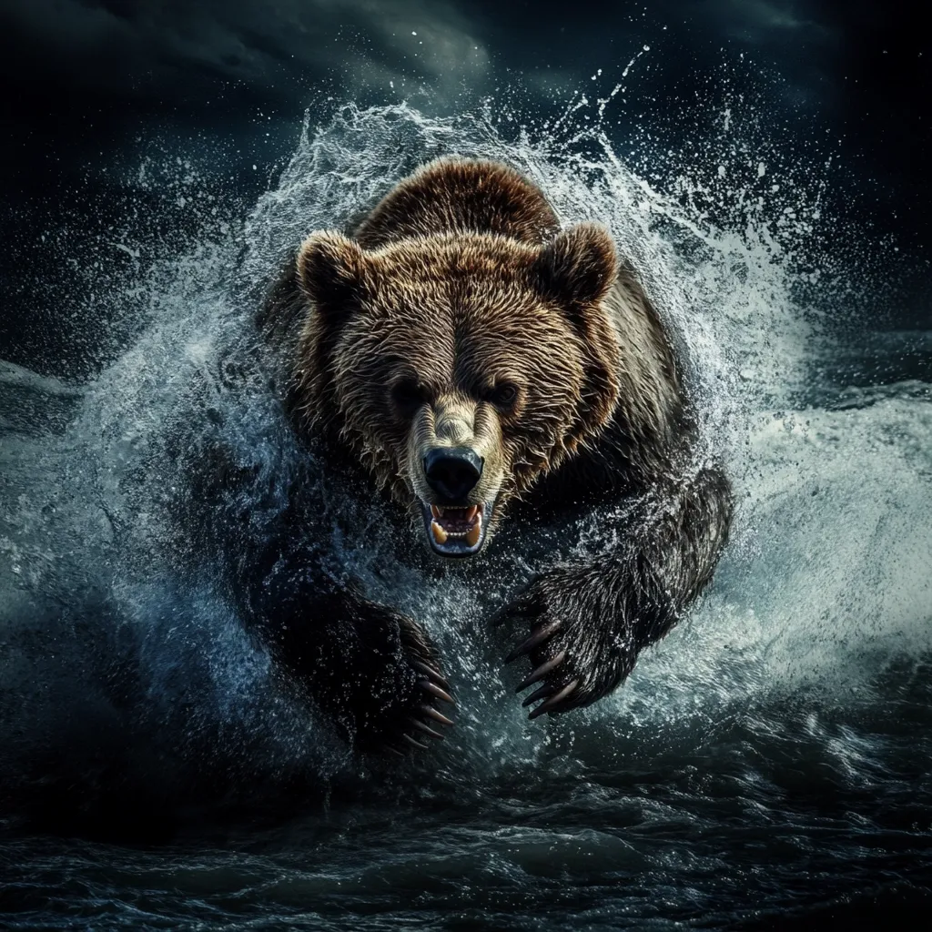 A powerful brown bear bursts from dark, churning water, its massive form creating a spray of droplets.  Its teeth are bared in a fierce snarl, its claws extended as it emerges, suggesting aggression or a hunt. The dark, moody background enhances the dramatic intensity of the image, creating a feeling of wild power and untamed nature. The bear dominates the frame, its presence commanding attention.