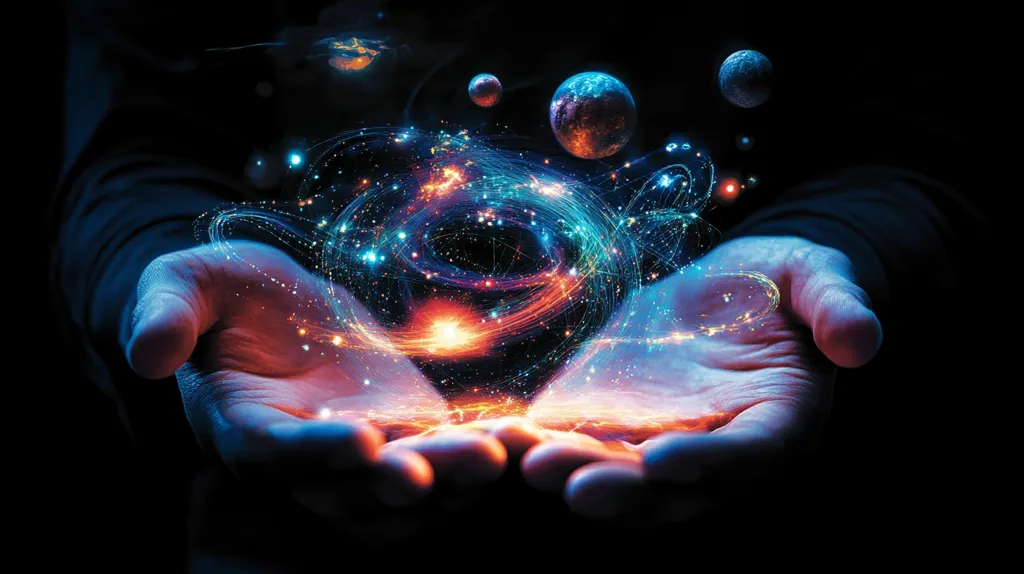 A pair of hands cradles a miniature, swirling galaxy.  Vibrant nebulae, planets, and stars are intricately interwoven within a luminous, energetic vortex held gently in the palms. The scene is dark, emphasizing the cosmic spectacle contained within the cupped hands, creating a powerful visual metaphor for the vastness of the universe held in the grasp of humanity or a higher power.  The image evokes a sense of wonder and the power of creation.