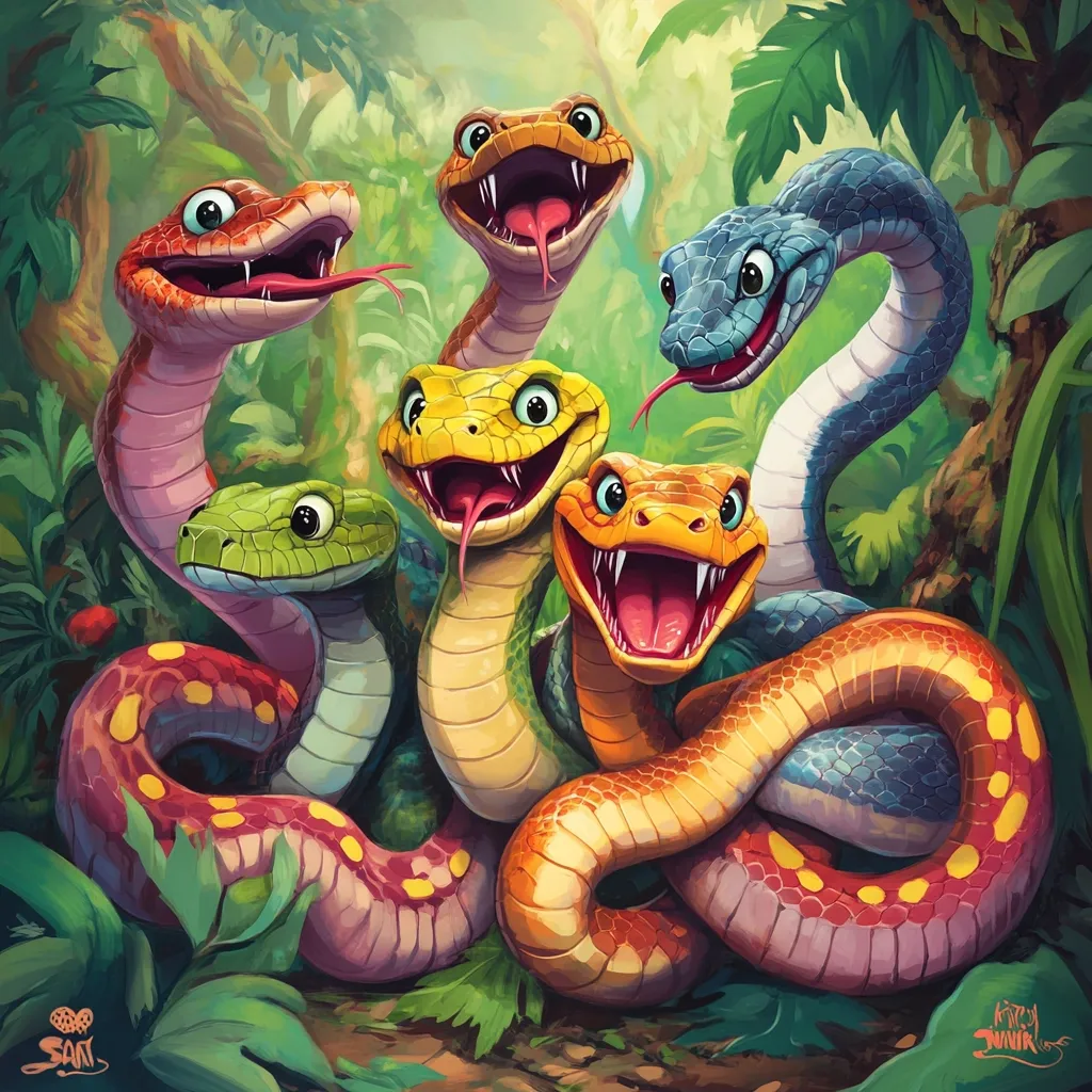 A vibrant illustration depicts five cartoon snakes, each a different bright color—red, orange, yellow, green, and blue— intertwined in a playful tangle amidst lush green jungle foliage.  Their mouths are open in cheerful expressions, revealing toothy grins. The style is whimsical and cartoonish, with a focus on bold colors and playful characterization.  The snakes appear friendly and joyful, creating a lighthearted and whimsical scene.